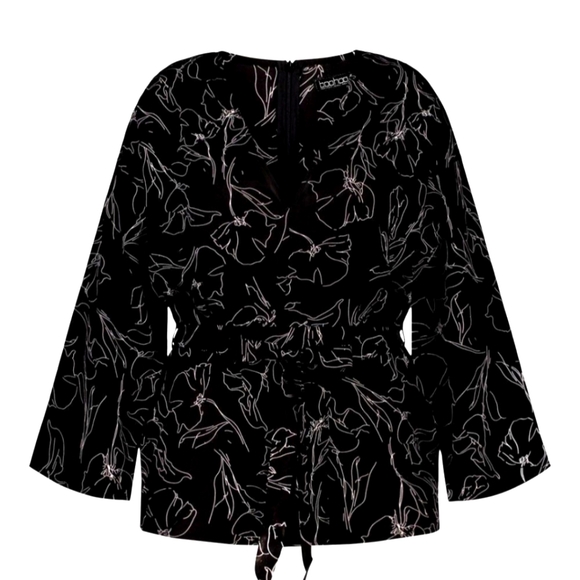 Boohoo Plus Tops - NWT! BOOHOO PLUS | ABSTRACT PLUNGE KIMONO SLEEVE TIE WAIST TOP (no tie), Sz. 14